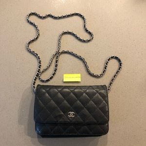 Chanel Classic Black Caviar Wallet on Chain with Silver Hardware WOC